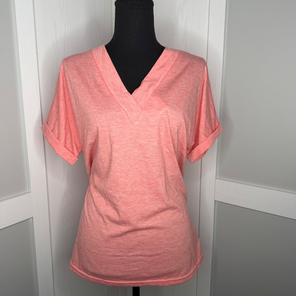 Yes Fashion V-Neck Top Womens Small Pink Heathered Short Sleeve Stretch